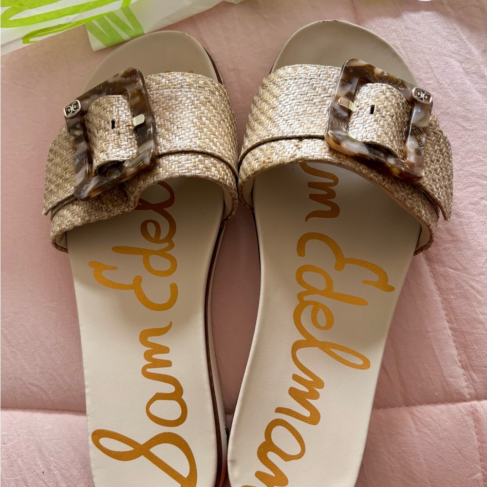 Sam Edelman Ariane Tan w/ Straw Sandals/ Slides with Tortoise Buckle Design
